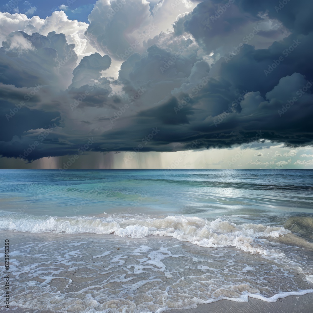 Canvas Prints A stormy sky with dark clouds and a large wave crashing on the shore