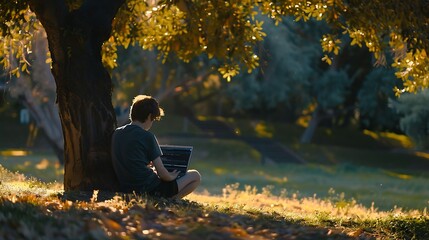 A boy coding on his laptop outdoors, under a shady tree in a park.
