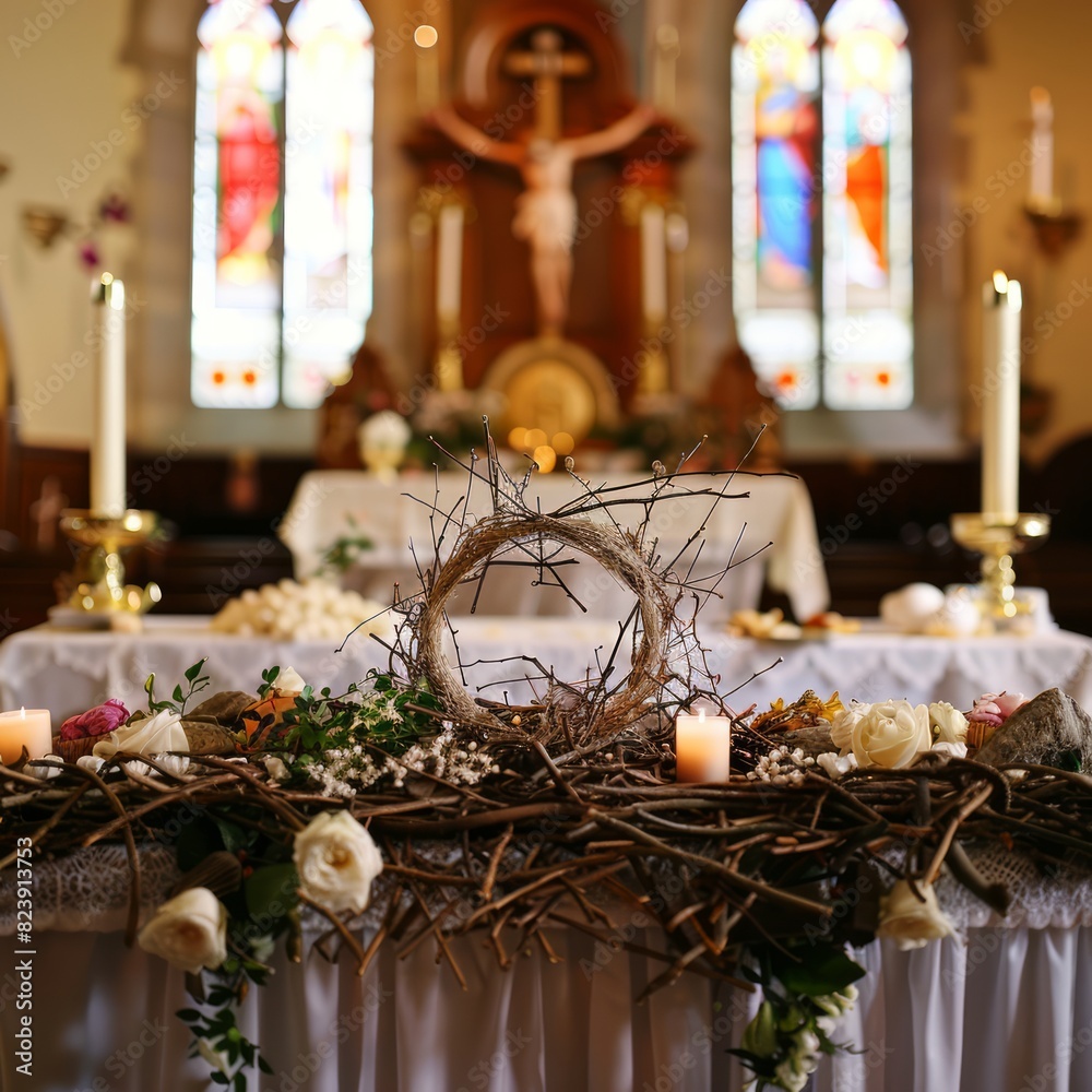 Wall mural A church altar with a wreath and candles