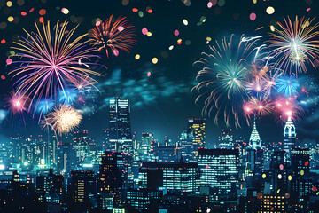 New Year eve, July 4th or Christmas celebration with colorful fireworks over city skyline