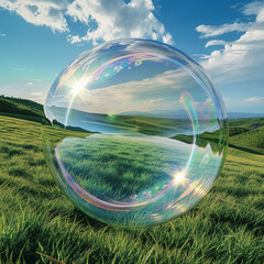 A wide lawn, blue sky, and soap bubbles. Generative AI