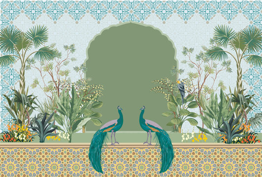 Moroccan garden Arch, peacock wallpaper illustrations.
Moroccan decorative wallpaper, palm tree, tropical plants illustration for wallpaper