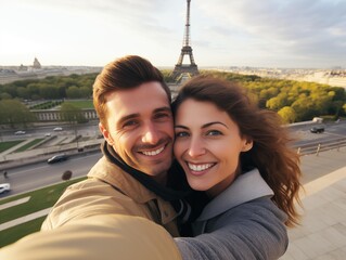 Couple takes a selfie in front of the Eiffel Tower at dusk