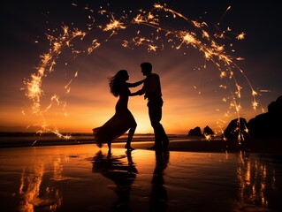Couple with Sparklers by the Sea at Sunset