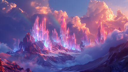 A mountain range where the peaks are crowned with towering stacks of crystal