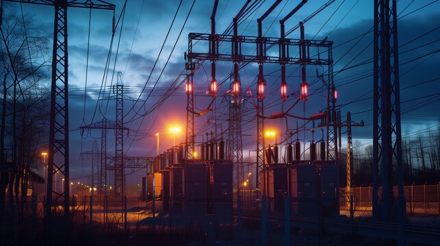 Dark Grey Substation with Power Transformers at Dusk, Emphasizing Power Distribution