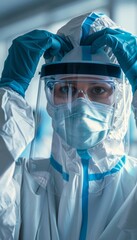 Healthcare Worker in Full Protective Suit Preparing for High-Risk Area Assignment
