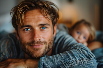 Fototapeta premium Happy smiling man father plays with daughter or son child. Caring father hugs his baby tenderly. Father's Day or Children's Day concept
