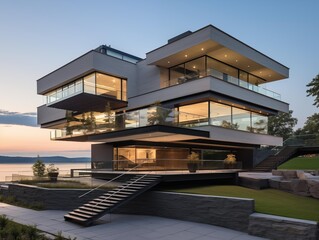 Fototapeta premium Dusk View of a Modern House by the Lake