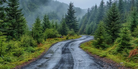 A serene winding road through a lush, misty forest showcasing tall evergreen trees and creating a peaceful and calming natural landscape