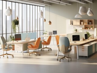 Employees' Desks Awaiting the Workday in a Modern Office at Sunrise