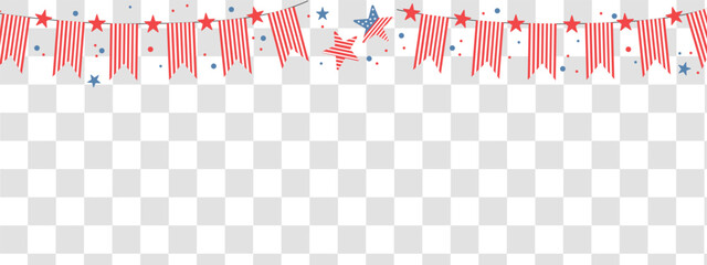 4th July transparent background. Celebration long horizontal border with flags and stars. 