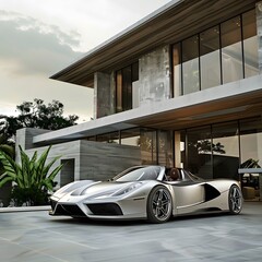 Luxury cars A sleek sports car parked in front of a modern house