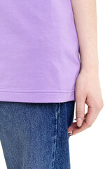 Woman in lilac T-shirt and blue jeans on white background. Bottom edge of the T-shirt
