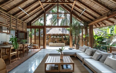 Fototapeta premium A bamboo house in a tropical setting, with openair living spaces and natural ventilation