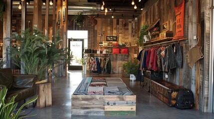 Naklejka premium A boutique retail store built from reclaimed wood and recycled materials, featuring a unique and ecofriendly design