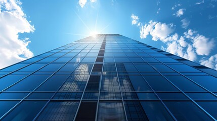 Fototapeta premium A commercial skyscraper with solar panels integrated into the windows, generating power while maintaining a sleek appearance
