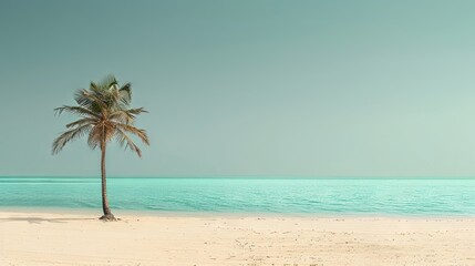 Obraz premium Solitude: A Palm Tree Dancing on a Beach With Crystal Blue Waters