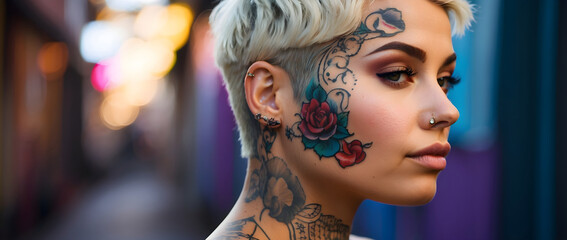 Obraz premium Blonde woman with very short hair and face tattoos.