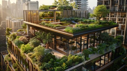 Fototapeta premium A highrise urban building with a lush green roof, featuring a variety of native plants and communal seating areas