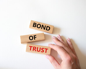 Bond of trust symbol. Wooden blocks with words Bond of trust. Beautiful white background....