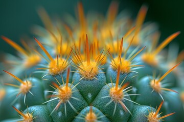 an image of a cactus plant with red needles and orange flowers