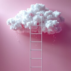 A ladder is climbing up to the cloud, white cotton clouds on pink background, product photography, minimalist style, creative design. Ladder to heaven. Head in the clouds. Success, leadership.