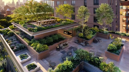 Obraz premium A luxury residential tower with a rooftop garden, featuring trees, shrubs, and seating areas for residents