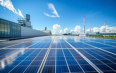 A manufacturing plant with a large solar array on the roof, powering operations with renewable energy