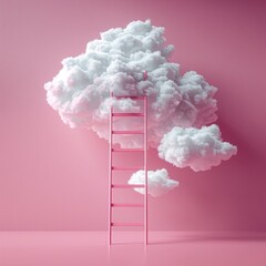 A ladder climbing up to the cloud, white cotton clouds on pink background, minimalist style, creative design. Leadership and success. Moving up the ladder. Management, entrepreneurship. 