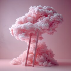 A pink ladder leaning against the cloud on pink background, made of cotton candy material, high definition photography. Mesmerizing and dreamy concept. Business and imagination. Creativity, leadership