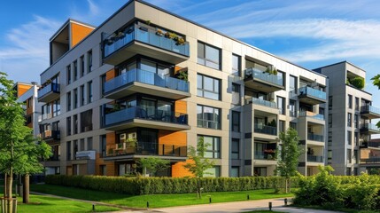 A modern apartment building made from recycled aluminum and steel, showcasing sleek design and energy efficiency
