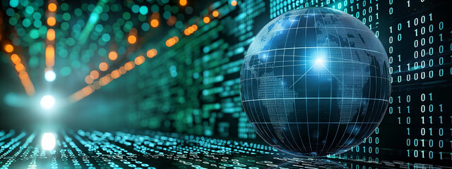 A dot matrix globe or earth against a binary matrix backdrop illustrates the concept of decoding and analyzing global data in the digital age.