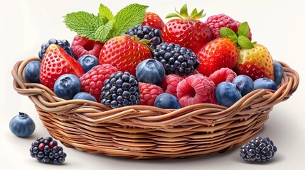 A realistic portrait of mix fruits in a basket isolated on a white background