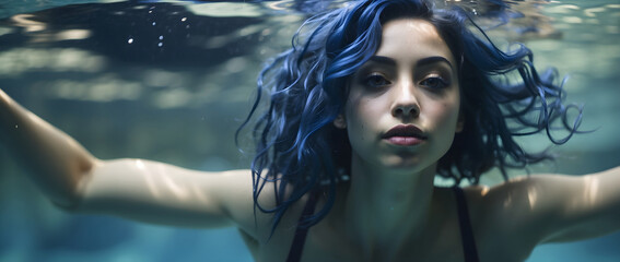 A blue haired woman swimming underwater in a pool.
