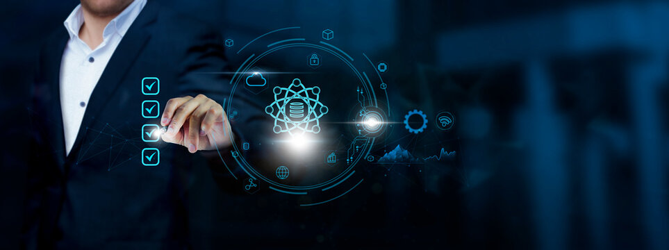 Data Science: Businessman checks Data Science technology and checklist approval, Optimization of Business on virtual interface, Analytics-driven Decision Making concept.