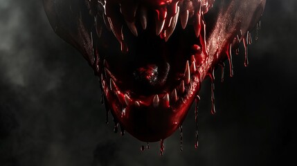 Close up of bloody scary monster evil fanged jaw with dripping blood isolated on black background, for Halloween event, alien, scary scene, horror movie poster, zombie, walking dead banner backgrounds