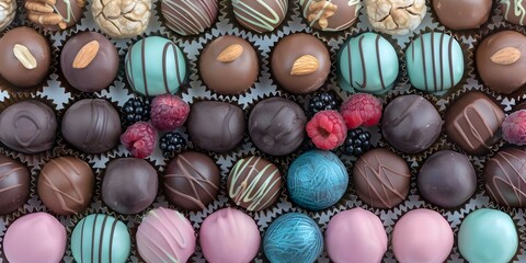 Close-up of an assortment of gourmet chocolate truffles with nuts and berries. Concept Gourmet Truffles, Mixed Nuts, Berries, Close-up Photography