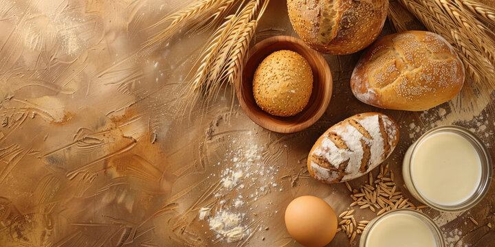 Banner for the religious Jewish holiday Shavuot with bread, dairy products, cheese, cottage cheese.Flat lay, top view. Copy space. Mock up.