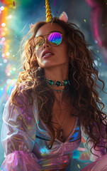 Fashionable woman with unicorn horn headband and sunglasses at a colorful party. Summer party concept.