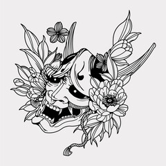 Japanese tengu demon evil yokai ronin oni mask hand drawn illustration