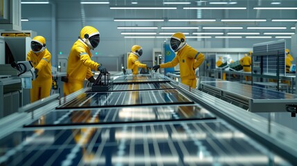 Spacecraft Assembly Line, Technicians in Bright Yellow Suits Installing Solar Panels
