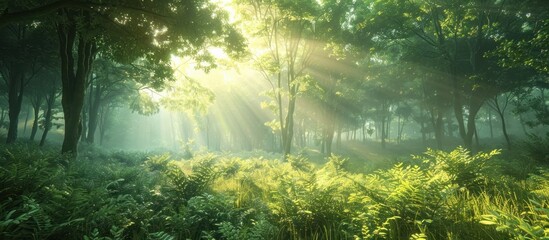 Serene Foggy Morning A Lush D Rendered Forest Revealed in Soft Dawn Light