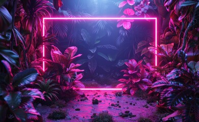 Neon frame with tropical leaves, purple neon light, square shape in the middle. Jungle theme. Night life, night time. Clubbing. Shopping. Copy space. Product advertising.