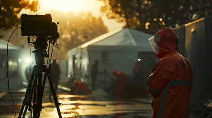 Fototapeta premium Dramatic News Report on Virus Outbreak with Reporter at Quarantine Zone - Use for News, Journalism, Crisis Coverage