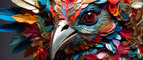 A colorful bird, a surreal blend of vibrant plastic and iridescent metal elements.