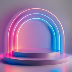 3d Glowing rainbow neon light product display podium on dark background, tech style rainbow colorful pedestal showcase, for technology product, fantasy platform stage, nightclub sign frame, futuristic