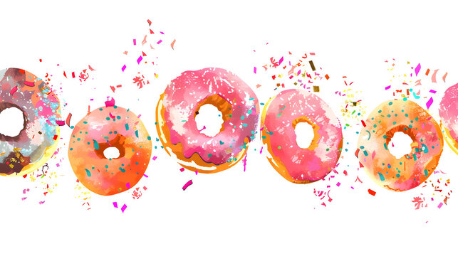 Horizontal banner of multi-colored donuts covered with icing and confetti, celebrating National Donut Day.