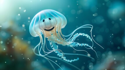 A jolly jellyfish with a smiley face floats gracefully in the ocean, bringing laughter to underwater scenes.