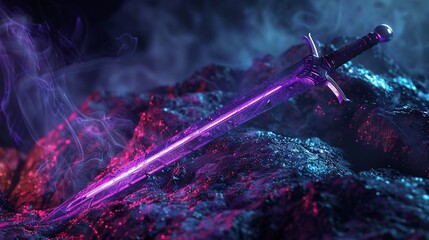 Glowing sword on dark rough rock backgrounds, game scene or fantasy scene of adventure, power, treasure finding, Halloween, dungeon, secret weapon.